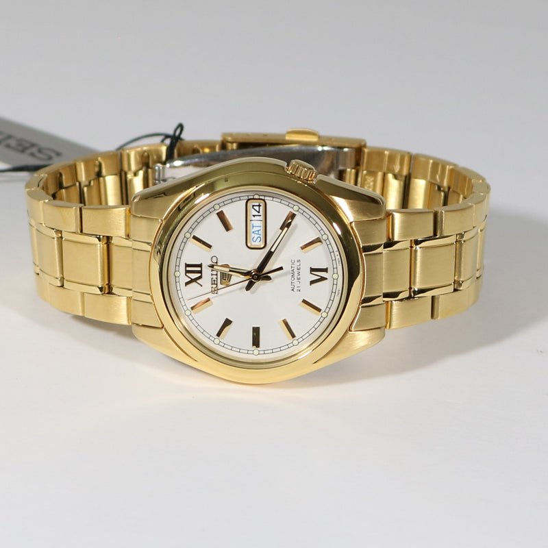Seiko 5 Gold Tone Stainless Steel White Dial Men's Automatic Watch SNKL58K1