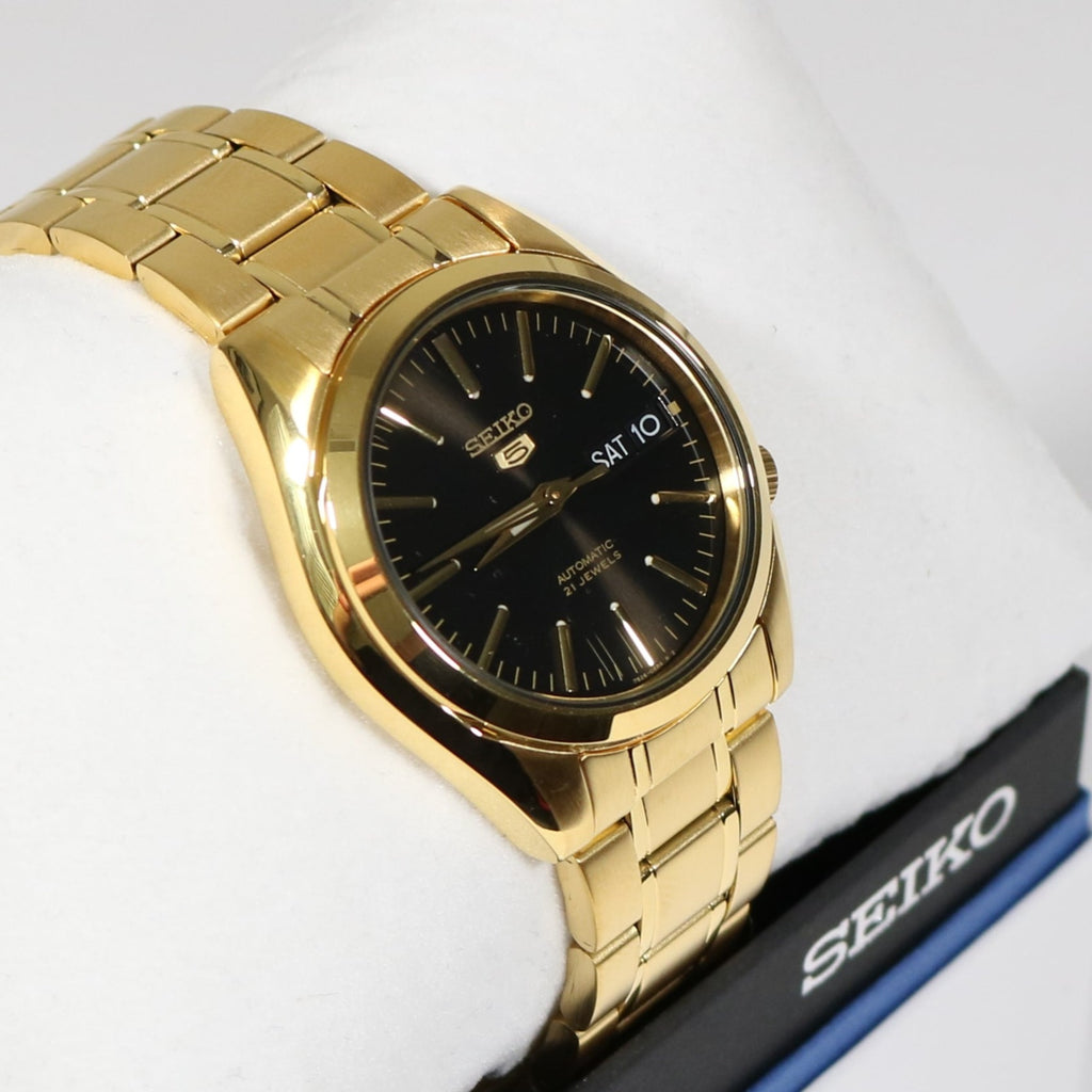 Seiko 5 Gold Tone Stainless Black Automatic Watch SNK – Chronobuy