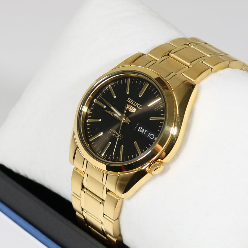 Seiko 5 Gold Tone Stainless Black Automatic Watch SNK – Chronobuy