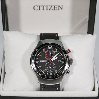 Citizen Eco Drive Black Dial Leather Strap Chronograph Watch CA7010-19E - Chronobuy