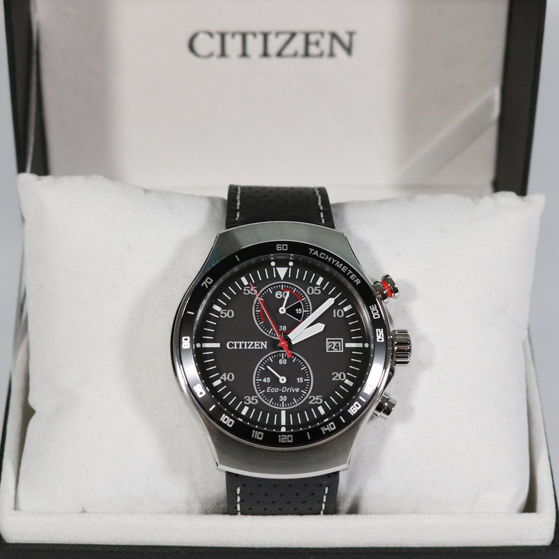 Citizen Eco Drive Black Dial Leather Strap Chronograph Watch CA7010-19E - Chronobuy
