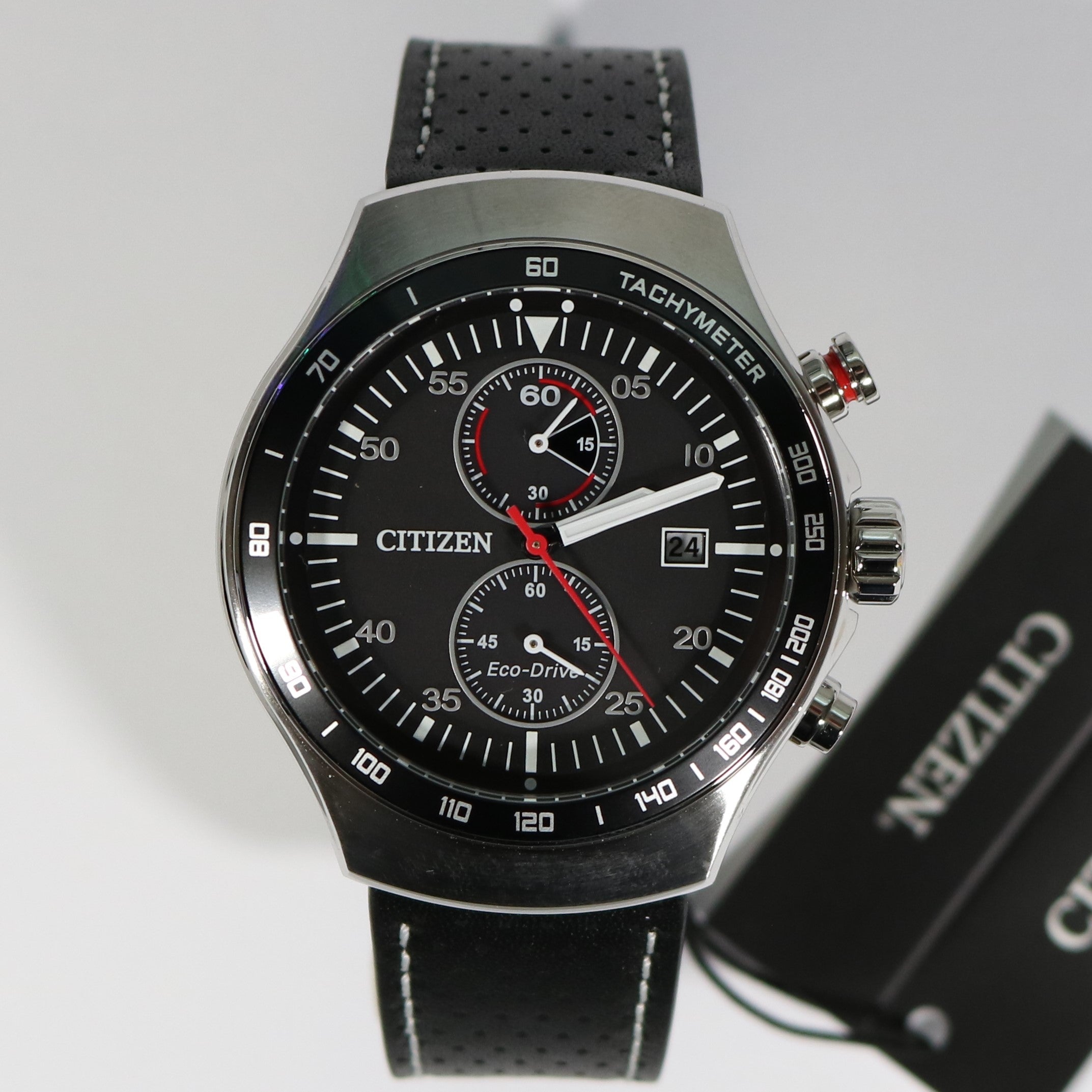 Citizen Eco Drive Black Dial Leather Strap Chronograph Watch CA7010-19E - Chronobuy