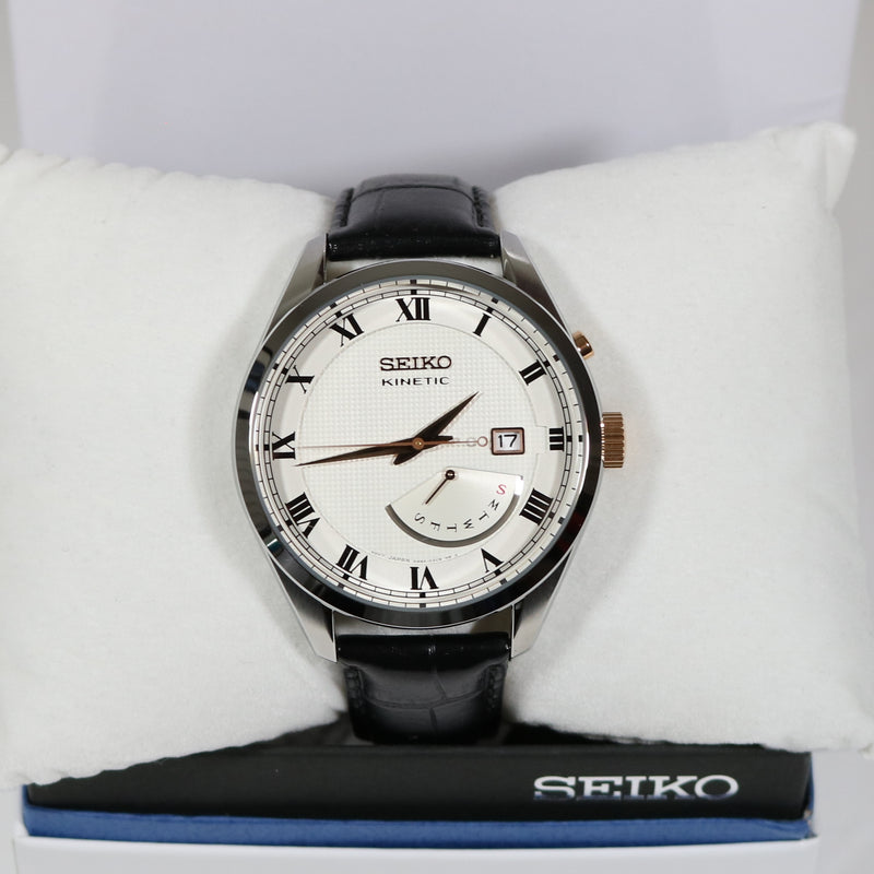 Seiko Kinetic Men's White Dial Black Leather Strap Watch SRN073P1