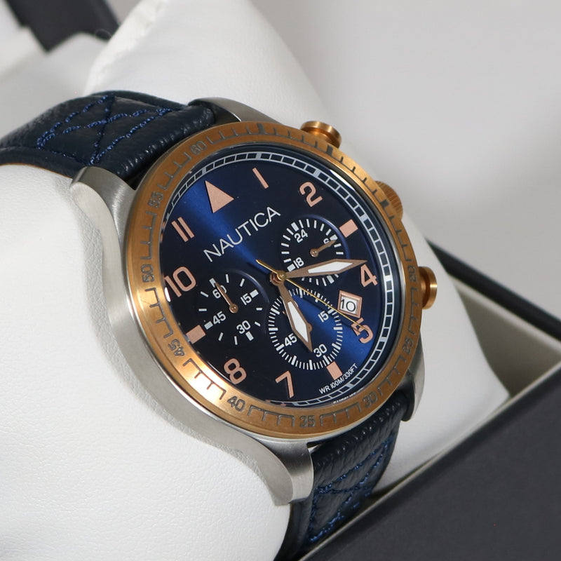 Nautica Men's Sports Blue Dial Chronograph Leather Strap Watch NAI17500G