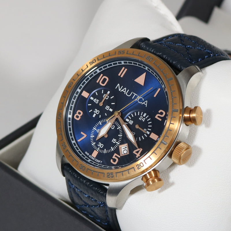 Nautica Men's Sports Blue Dial Chronograph Leather Strap Watch NAI17500G