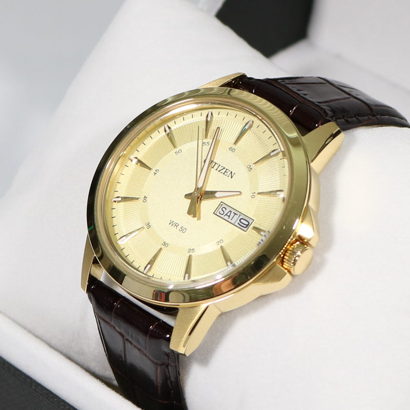 Citizen Men's Quartz Gold Tone Brown Leather Strap Watch BF2013-05P - Chronobuy