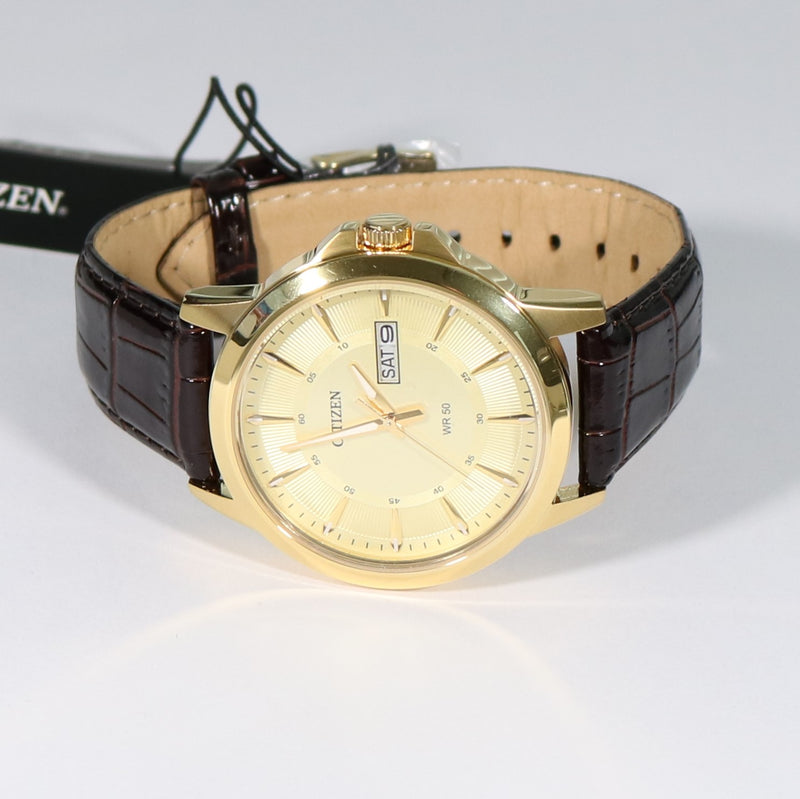 Citizen Men's Quartz Gold Tone Brown Leather Strap Watch BF2013-05P - Chronobuy