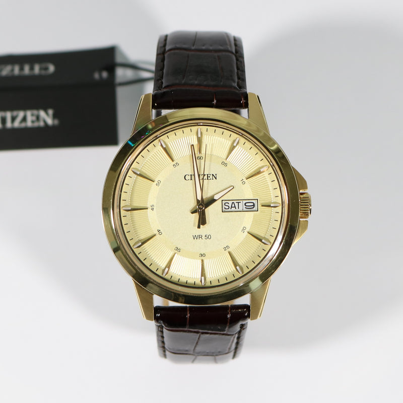 Citizen Men's Quartz Gold Tone Brown Leather Strap Watch BF2013-05P - Chronobuy