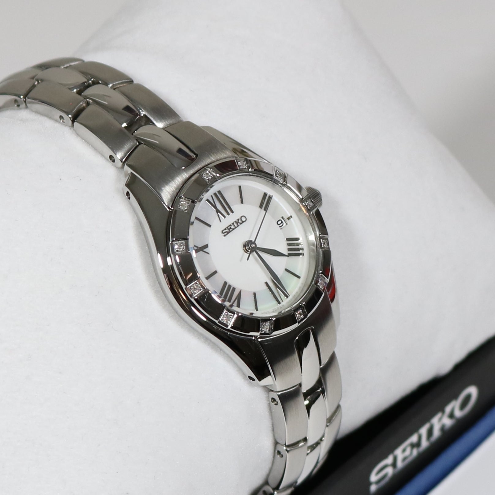 Seiko women's solar mother sales of pearl dial diamond watch