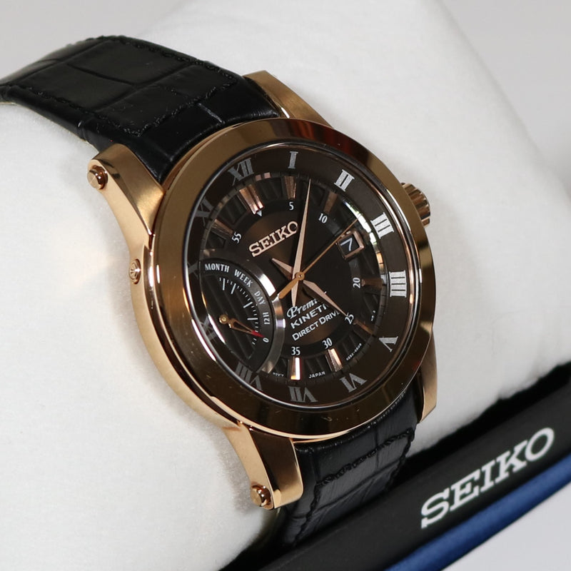 Seiko Premier Kinetic Brown Dial Leather Strap Men's Watch SRG016P1