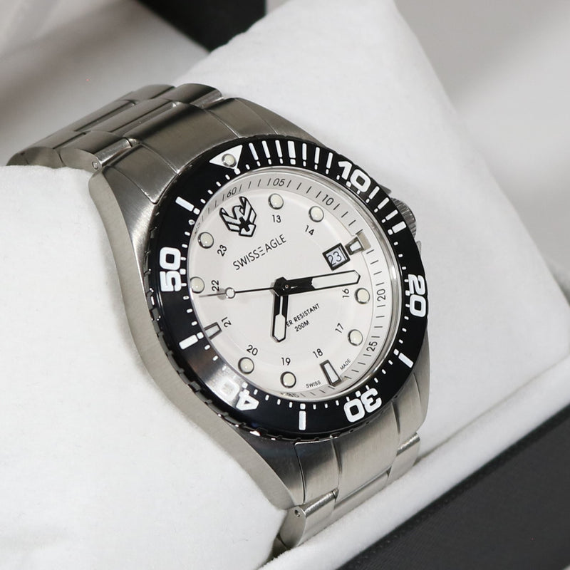 Swiss Eagle White Dial Black Bezel Men's Stainless Steel Watch SE-9012-22