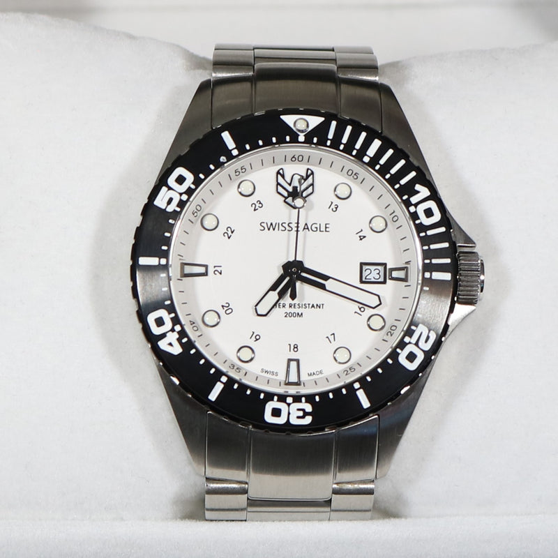 Swiss Eagle White Dial Black Bezel Men's Stainless Steel Watch SE-9012-22