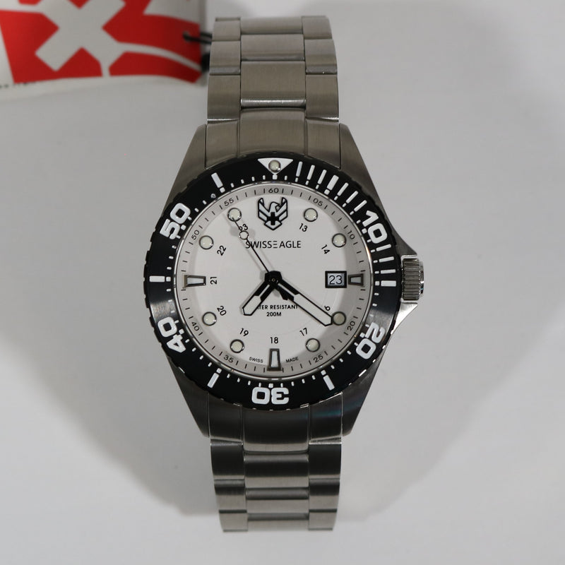 Swiss Eagle White Dial Black Bezel Men's Stainless Steel Watch SE-9012-22