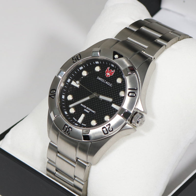 Swiss Eagle Pontoon Black Textured Dial Men's Stainless Steel Watch SE-9013-11