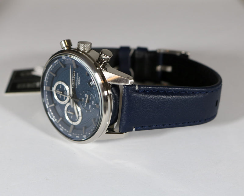 Seiko Chronograph Navy Blue Date Leather Strap Men s Watch