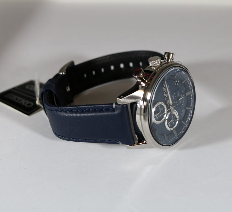 Seiko Chronograph Navy Blue Date Leather Strap Men's Watch SSB333P1 - Chronobuy