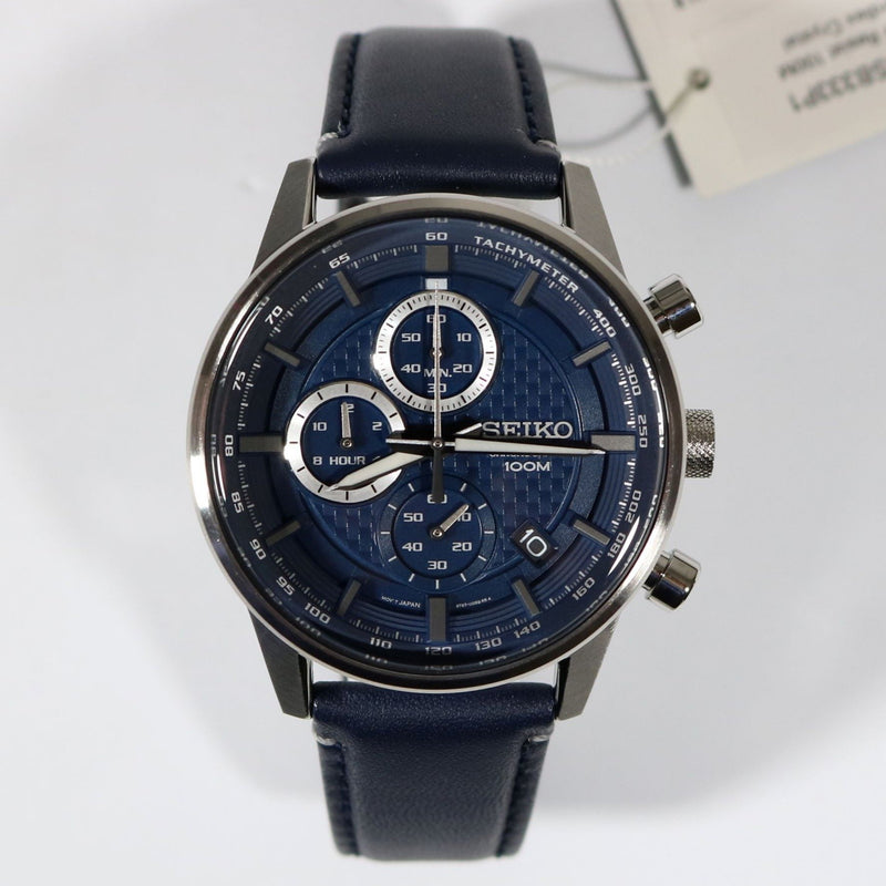 Seiko Chronograph Navy Blue Date Leather Strap Men's Watch SSB333P1 - Chronobuy