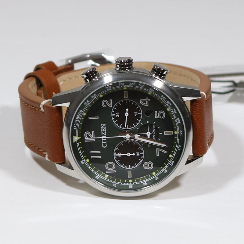 Citizen Eco-Drive Green Dial Stainless Steel Brown Leather Strap Men's Watch CA4420-21X