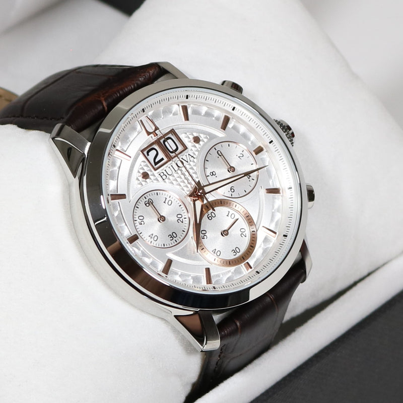Bulova Sutton Stainless Steel Brown Leather Strap Men's Chronograph Watch 96B309