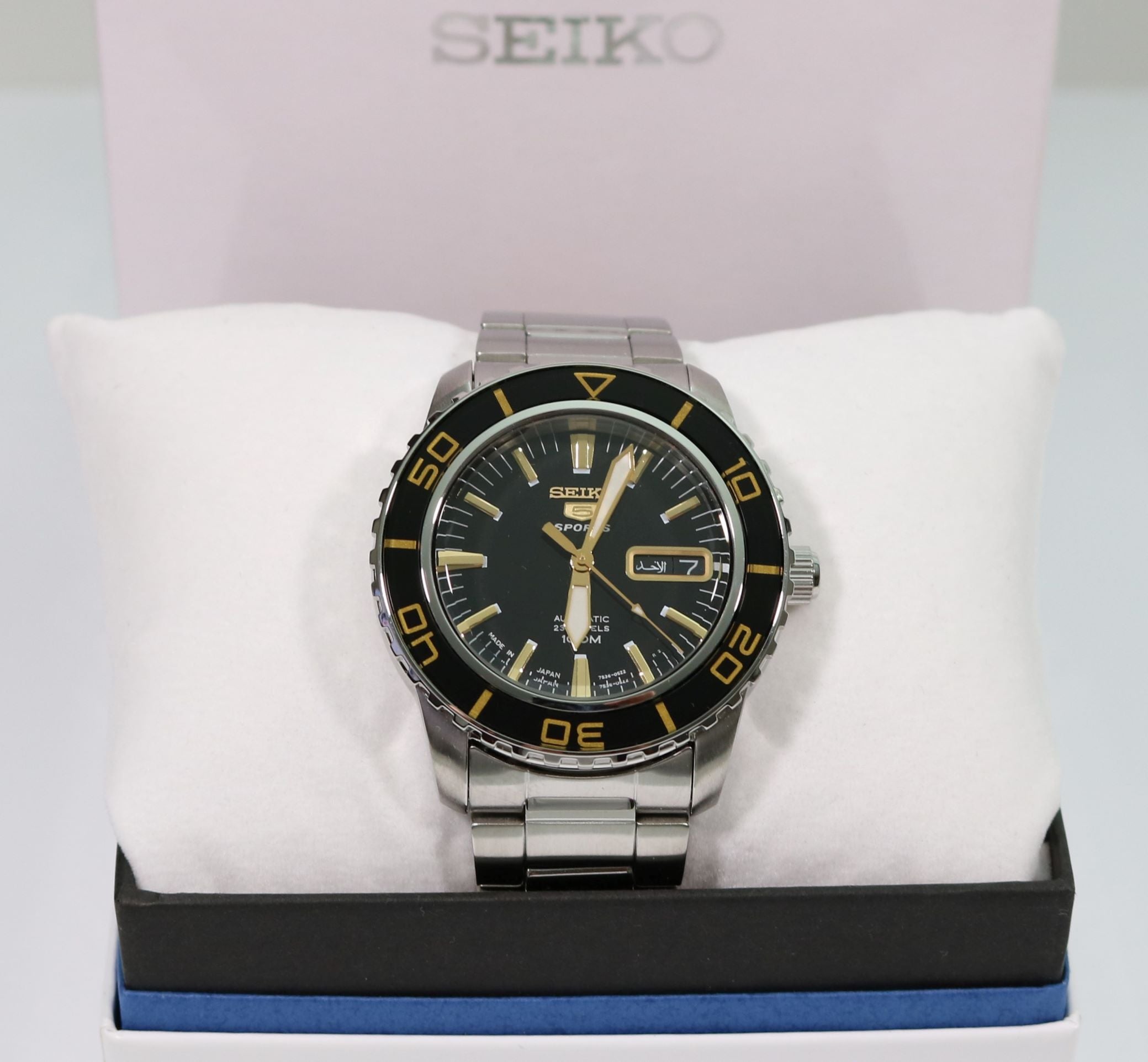 Seiko 5 Sports Black And Gold Dial Stainless Steel Men's