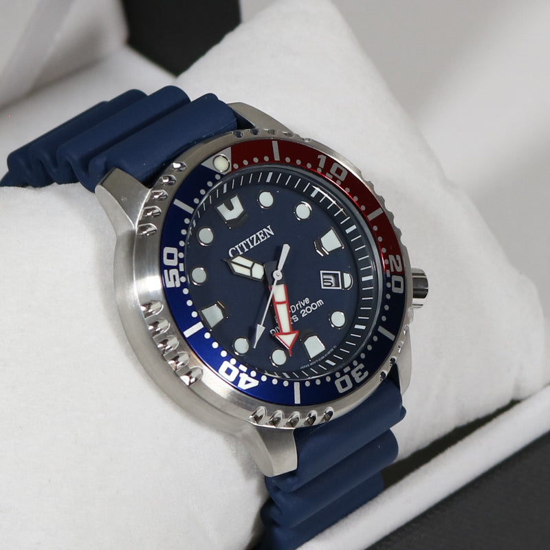 Citizen Eco Drive Promaster Dive Blue Red Bezel Stainless Steel Men's Watch BN0168-06L