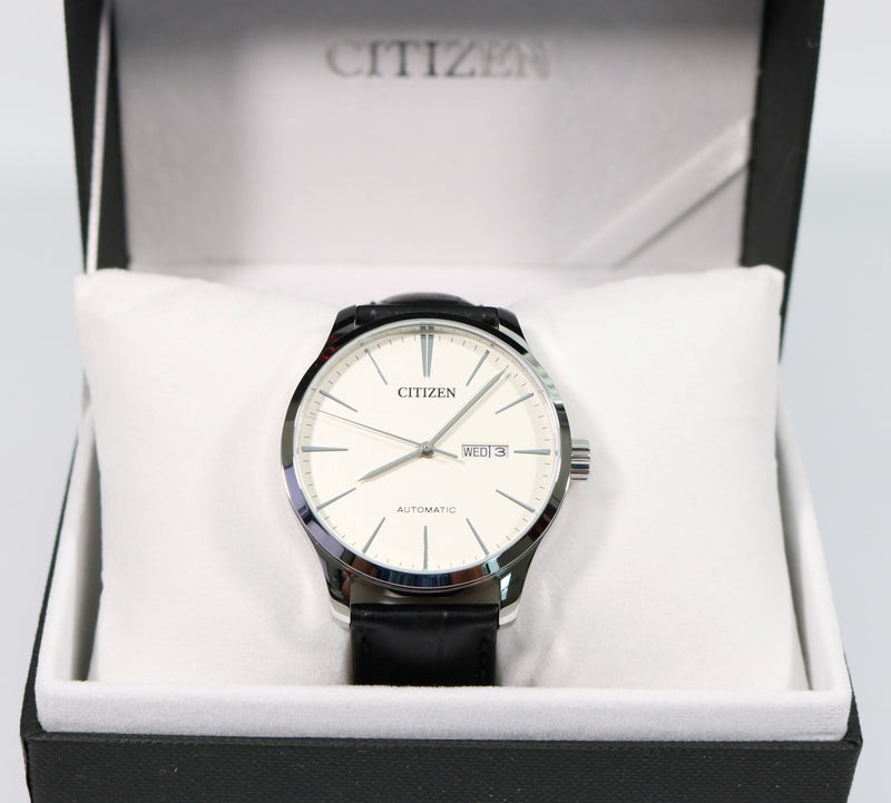 Citizen Automatic White Dial with Black Leather Strap Men's Watch NH8350-08B - Chronobuy