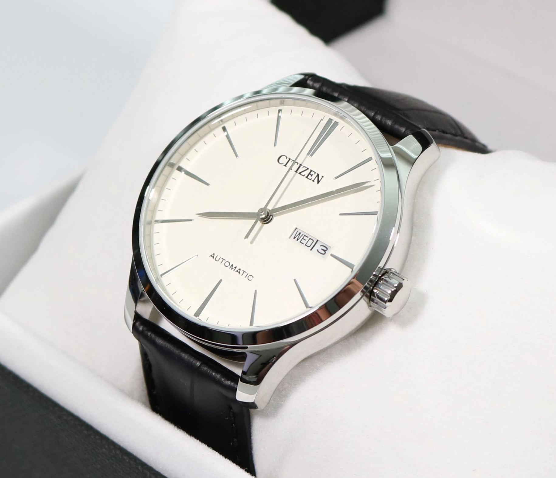 Citizen Automatic White Dial with Black Leather Strap Men's Watch NH8350-08B - Chronobuy