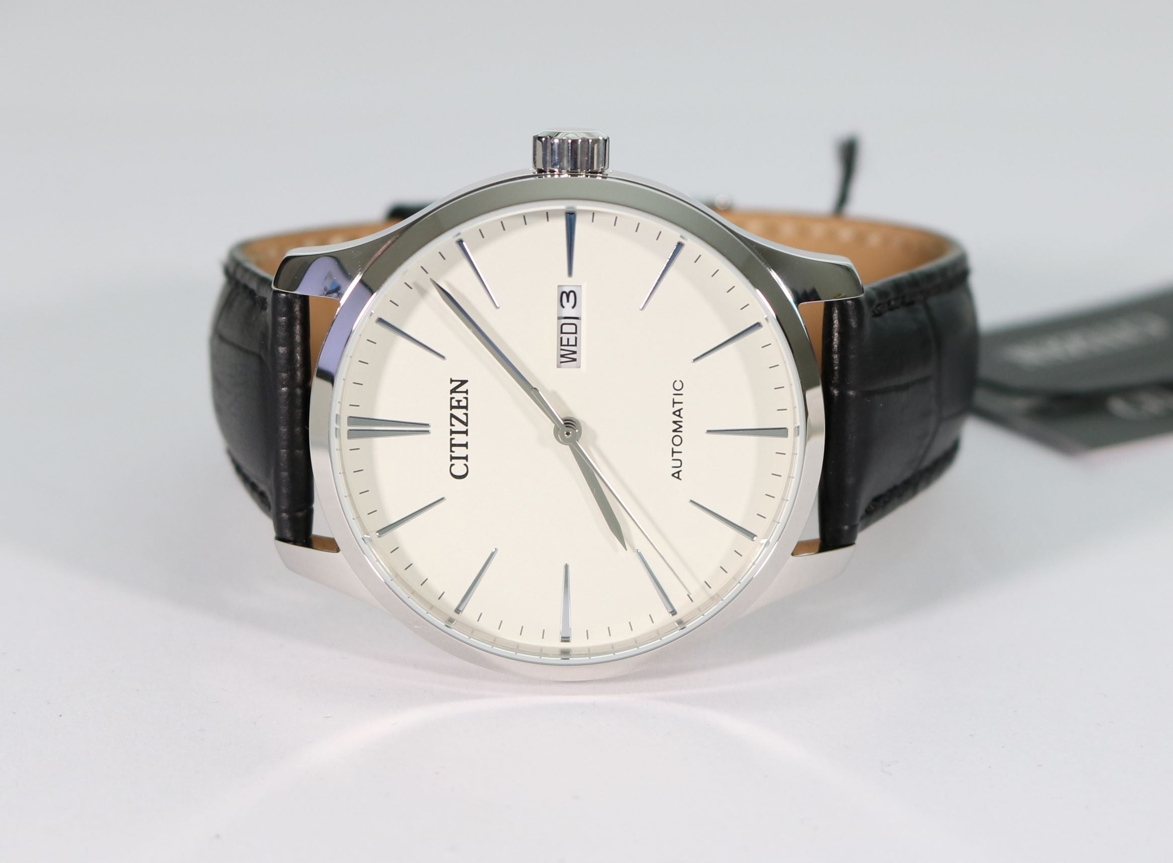 Citizen Automatic White Dial with Black Leather Strap Men's Watch NH8350-08B - Chronobuy