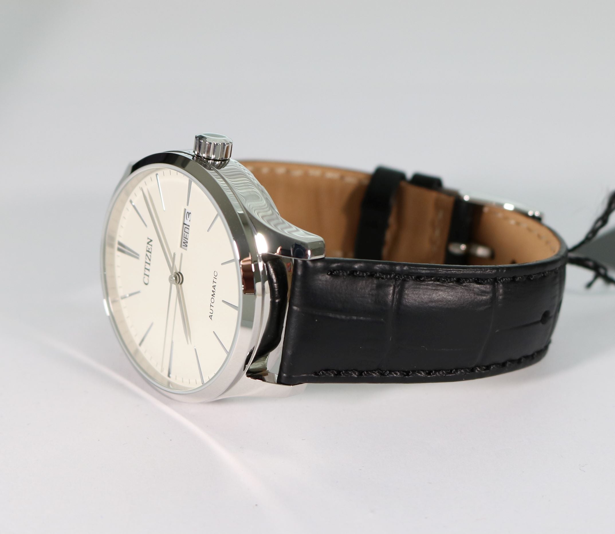 Citizen Automatic White Dial with Black Leather Strap Men's Watch NH8350-08B - Chronobuy