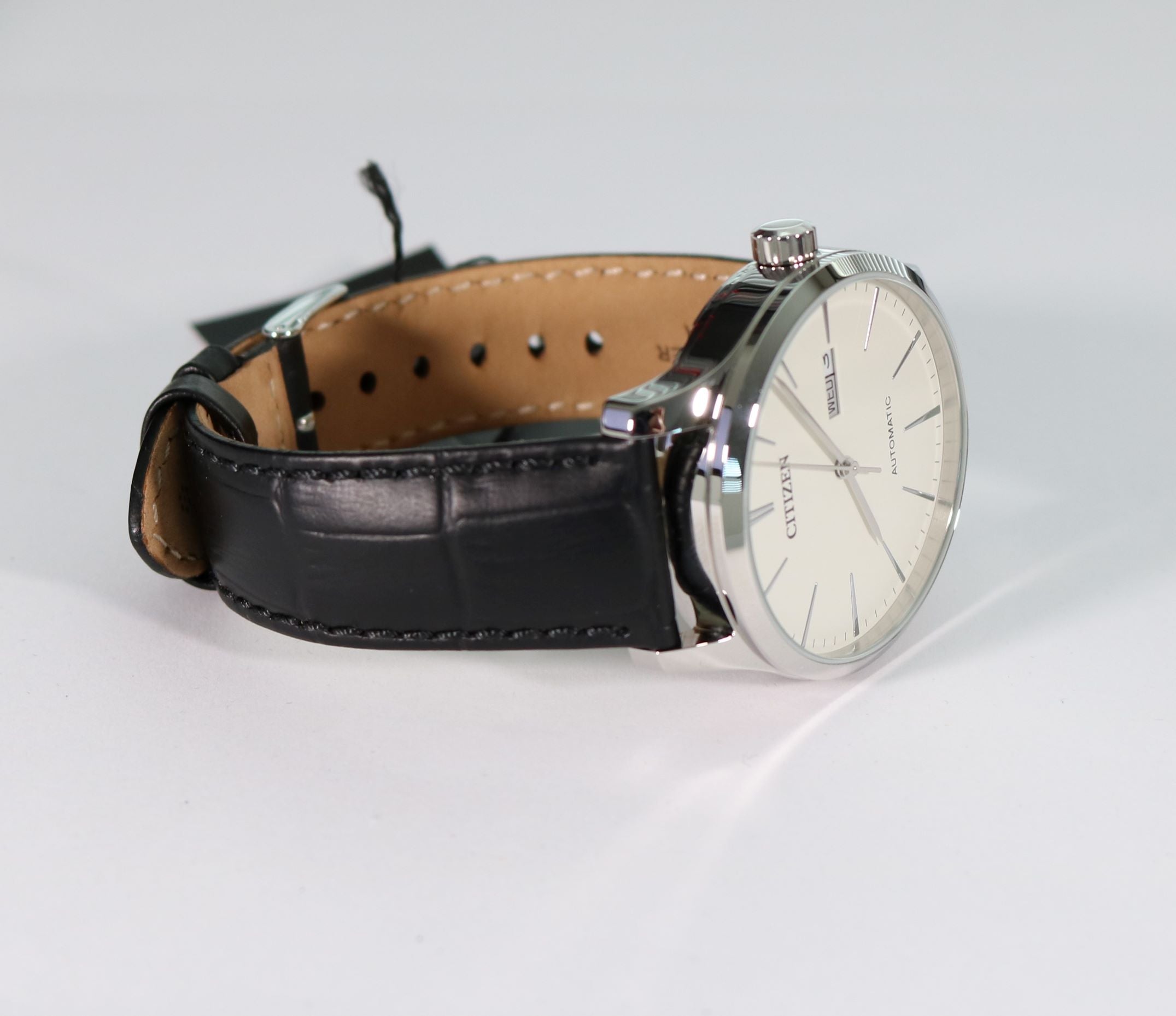 Citizen Automatic White Dial with Black Leather Strap Men's Watch NH8350-08B - Chronobuy