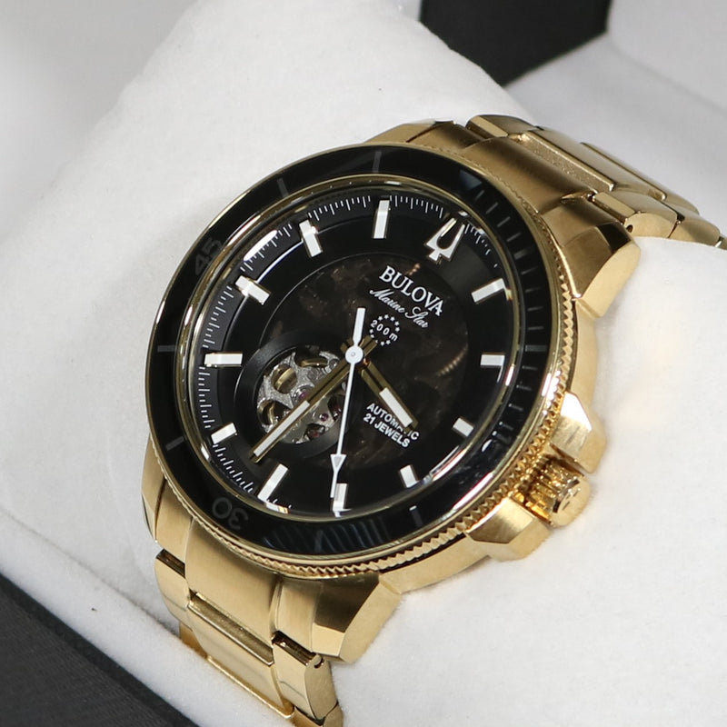 Bulova Marine Star Automatic Gold Tone Black Dial Men's Watch 97A174