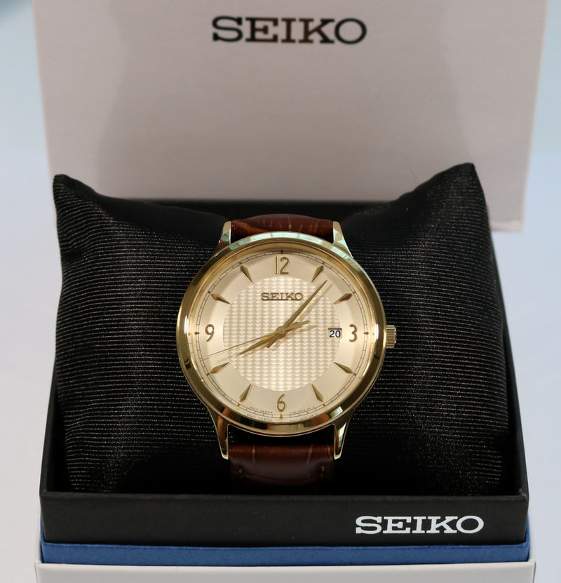 Seiko Quartz Gold Tone Stainless Steel Champagne Texture Dial Men's Watch SGEH86P1 - Chronobuy