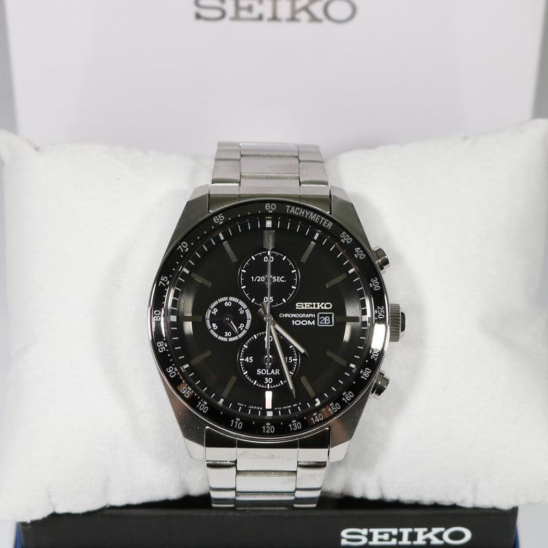 Seiko Men's Solar Black Dial Stainless Steel Chronograph Watch SSC715P1