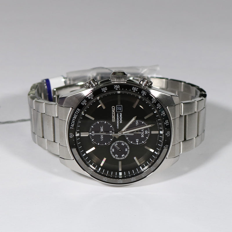 Seiko Men's Solar Black Dial Stainless Steel Chronograph Watch SSC715P1