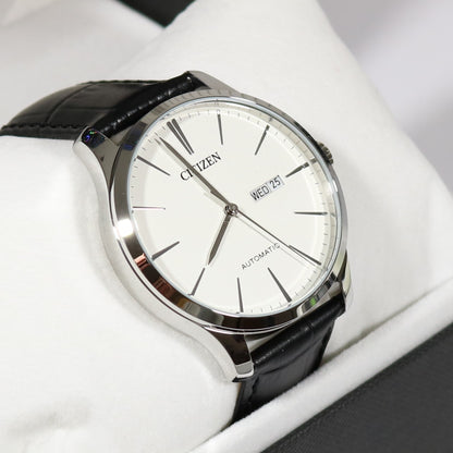 Citizen Automatic White Dial with Black Leather Strap Men's Watch NH8350-08B - Chronobuy