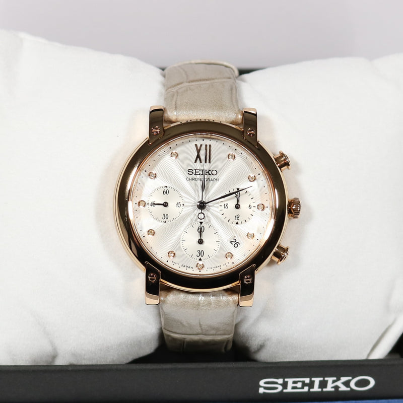 Seiko Women's Rose Gold Tone White Textured Dial Chronograph Watch SRW834P1