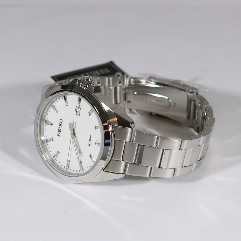 Seiko Men's Classic Stainless Steel White Dial Quartz Watch SUR205P1 - Chronobuy
