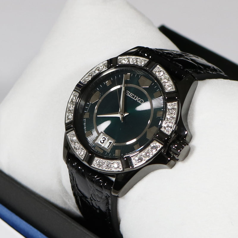 Seiko Quartz Women's Green Dial Crystal Bezel Ion Coated Watch SUR805P1