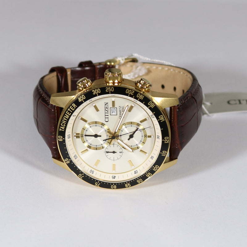 Citizen Men's Gold Tone Chronograph Brown leather Strap Watch AN3602-02A - Chronobuy