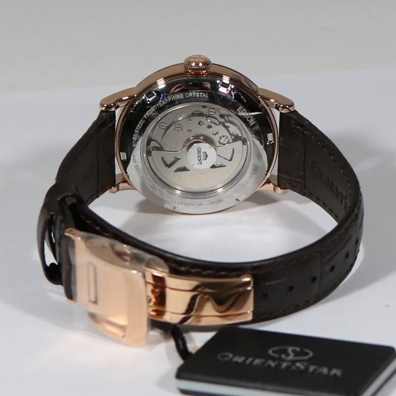 Orient Star Automatic Rose Gold Tone Brown Leather Strap Men's Dress Watch RE-AW0003S00B