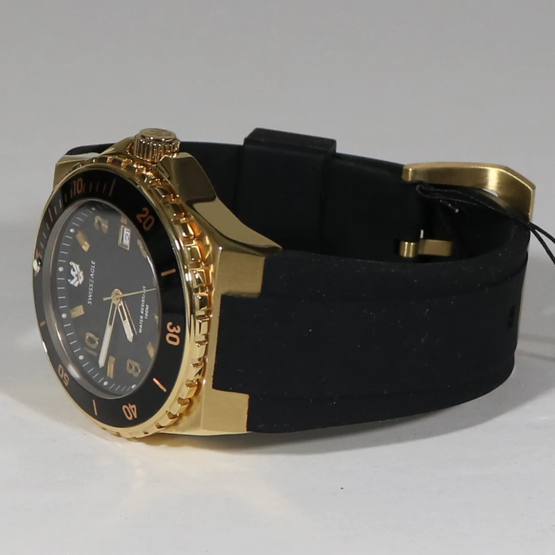 Swiss Eagle Response Gold Tone Stainless Steel Black Rubber Strap Watch SE-9039-03