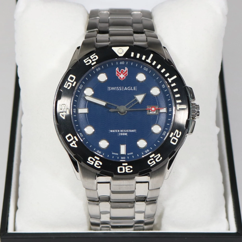 Swiss Eagle Bat Quartz Blue Wave Dial Stainless Steel Men's Watch SE-9040-33