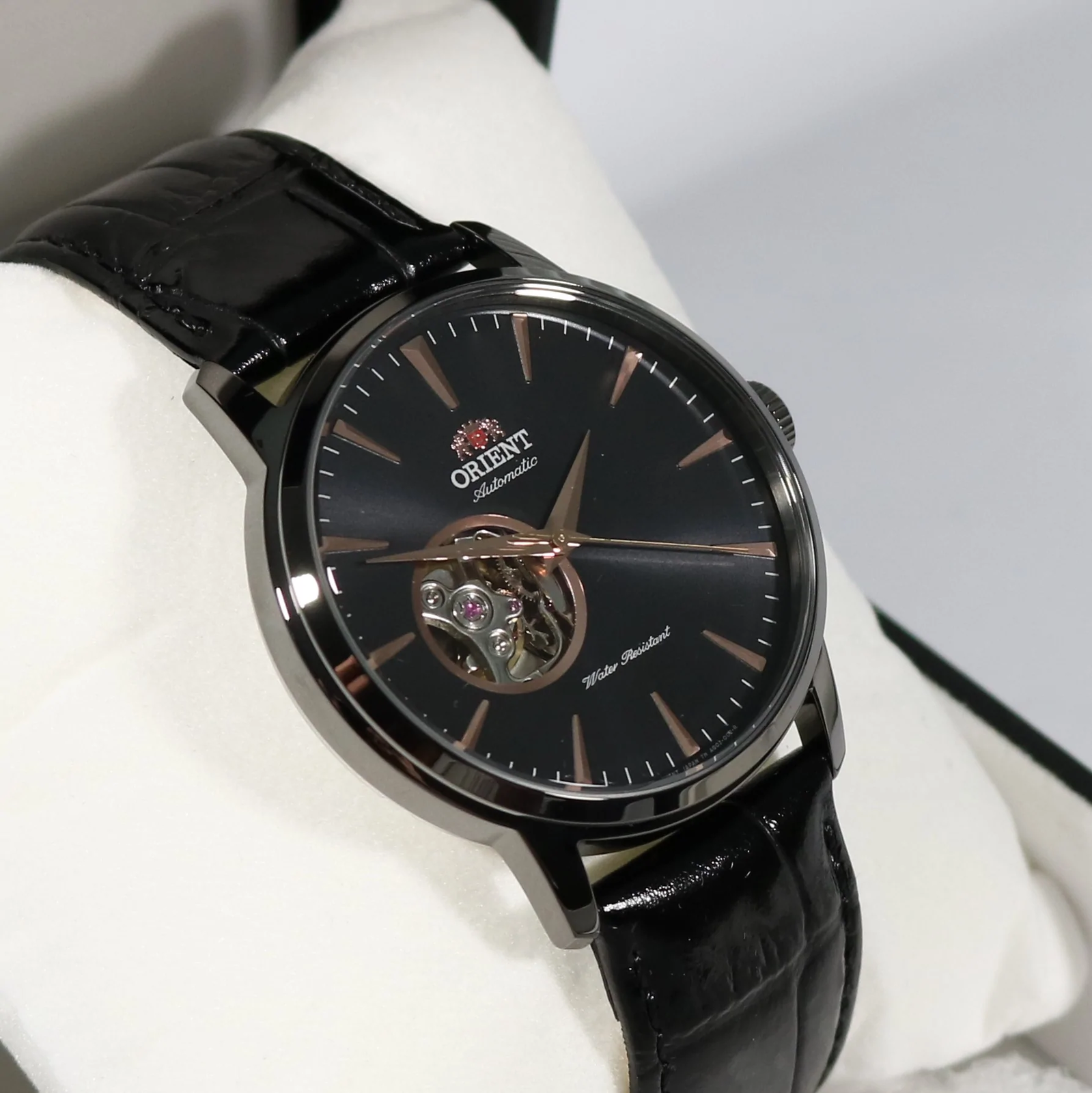 Orient Open Heart Black Dial Leather Strap Dress Watch FAG02001B0