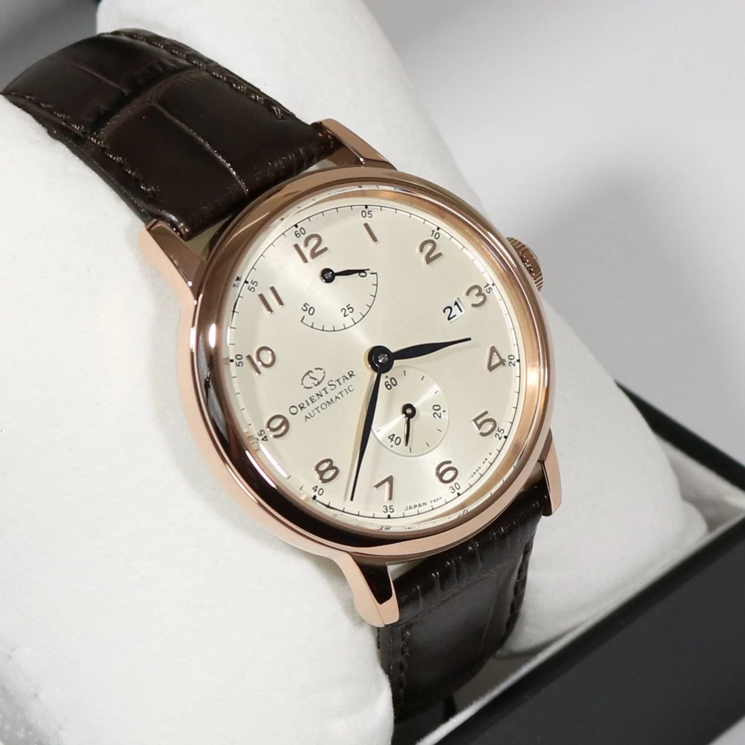 ORIENT STAR ブラウンレザー 時計 Orient Star Automatic Rose Gold Tone Brown Leather Strap Men's